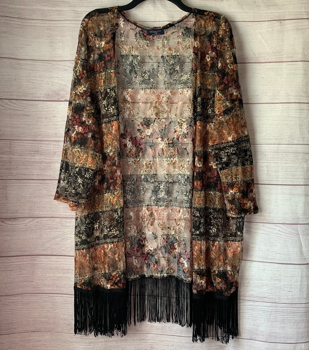 Scarlett Floral Print Kimono Cardigan Duster Cover Up with Fringe Size 1X
